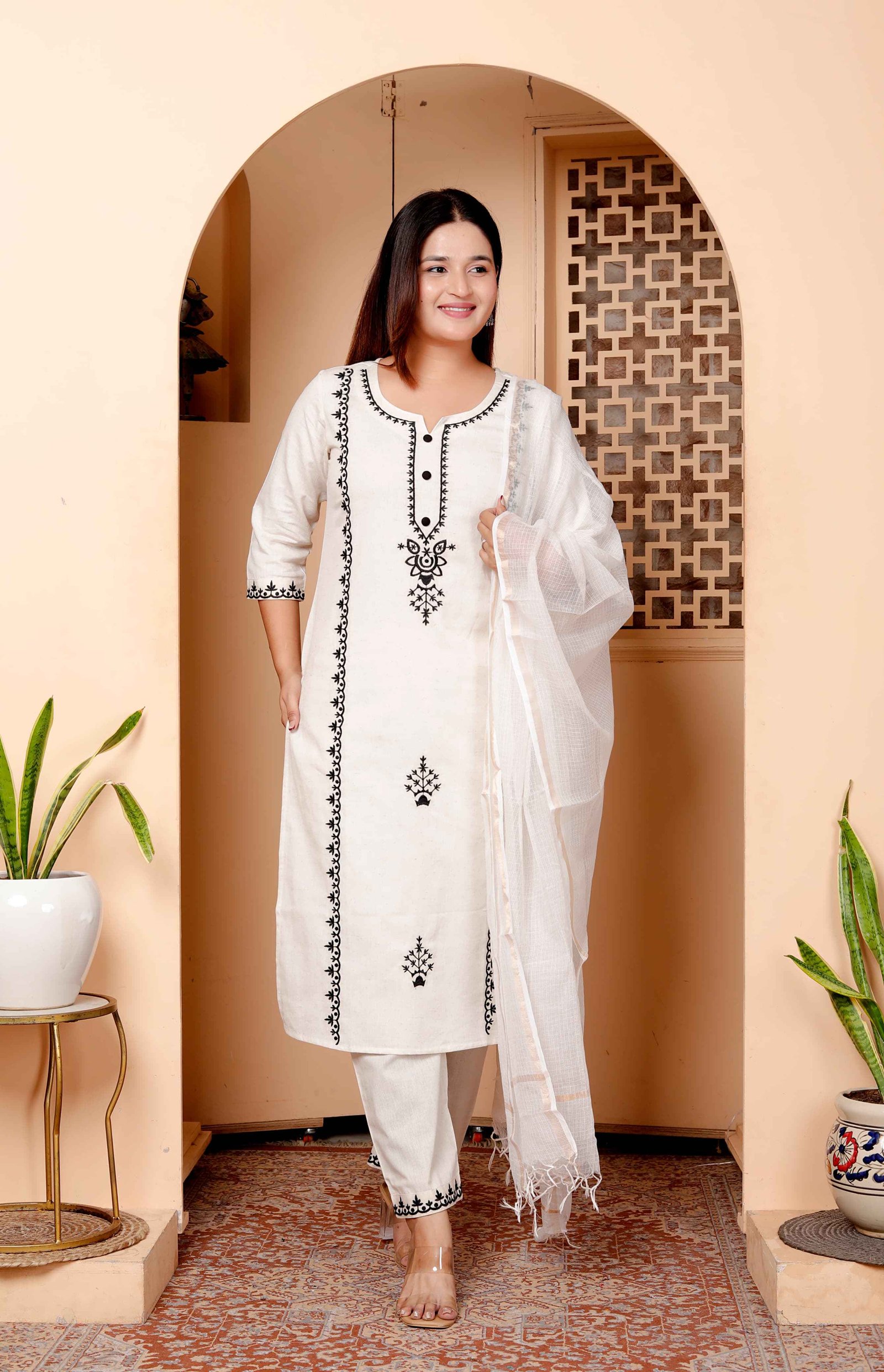 Noor White Embroidered Cotton Suit Set